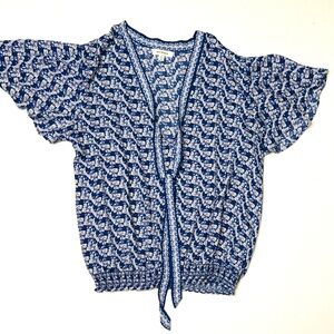 Max Studio Blue & White Floral Tie Front Blouse Flutter Sleeves Size Large